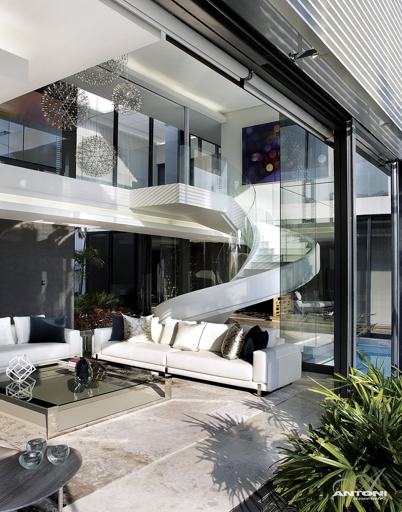 Living room with spiral staircase