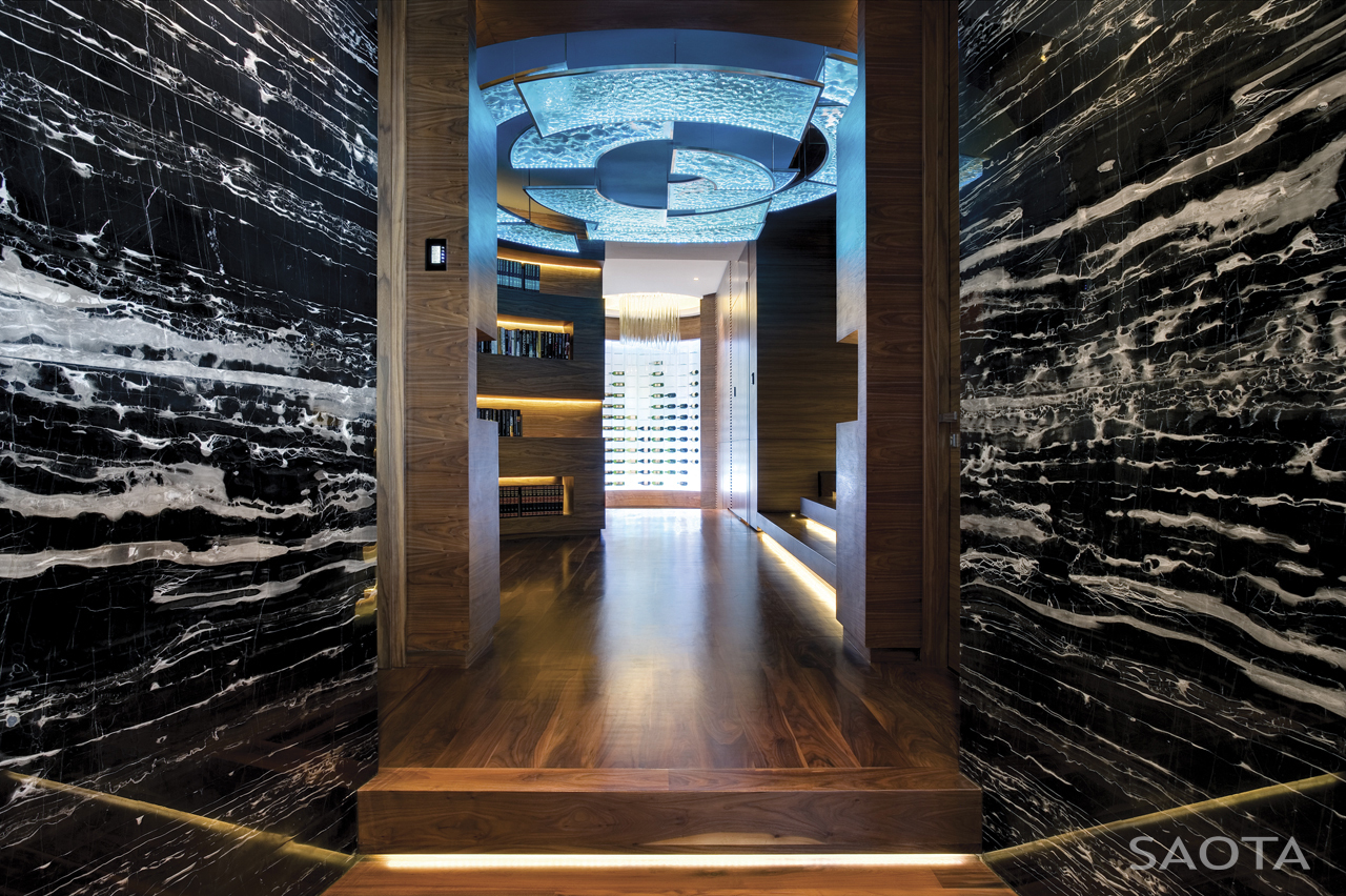 Black marble hallway and timber floor