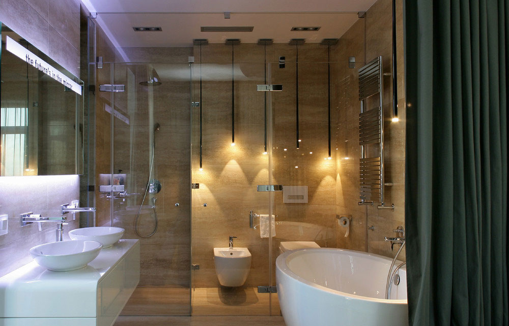 Luxury bathroom with stone walls