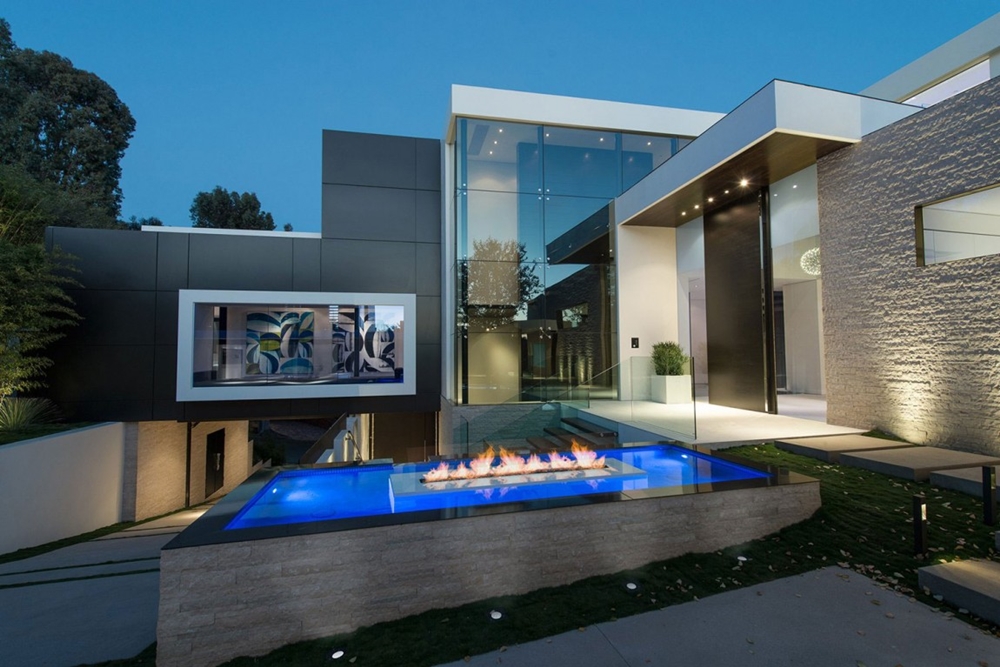 Modern facade and outdoor fireplace