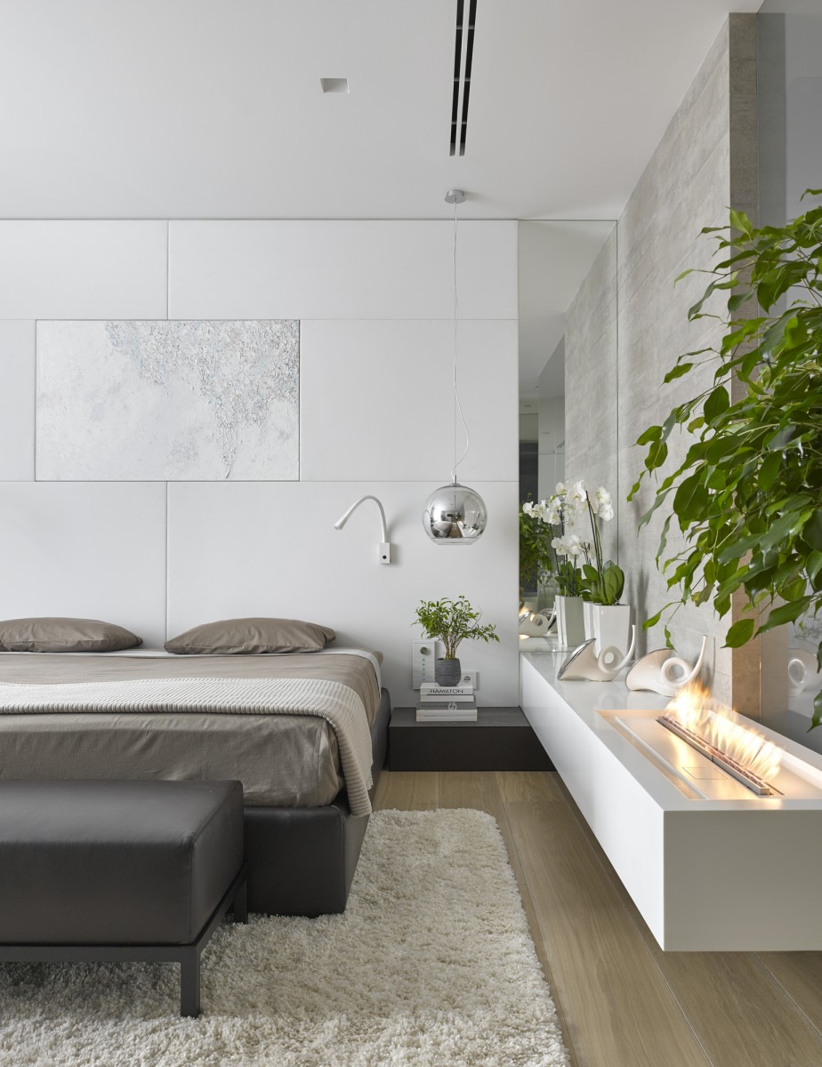 Fireplace and plants in small bedroom by Alexandra Fedorova