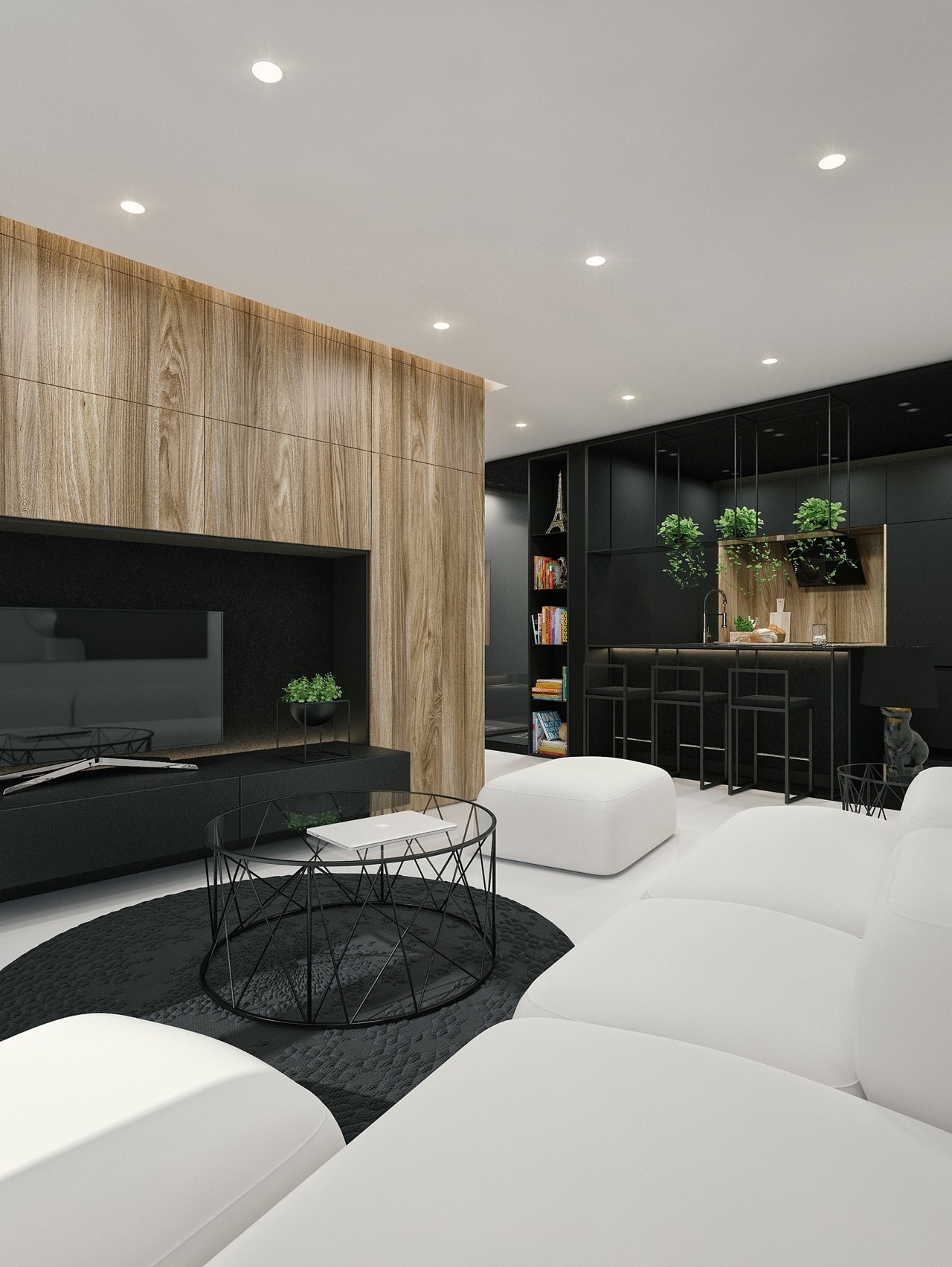 Black and white interior design with wood texture in living room by ID White