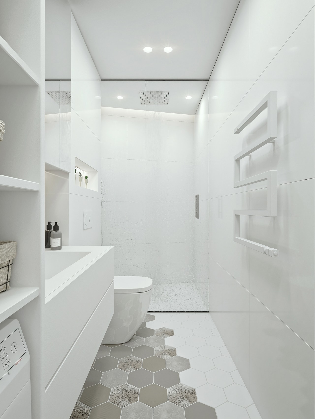 White bathroom design in apartment by ID White