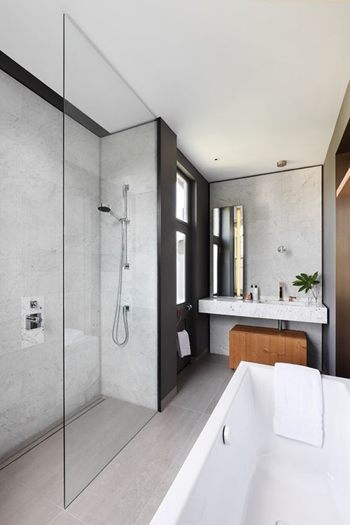 walk in shower in modern small bathroom