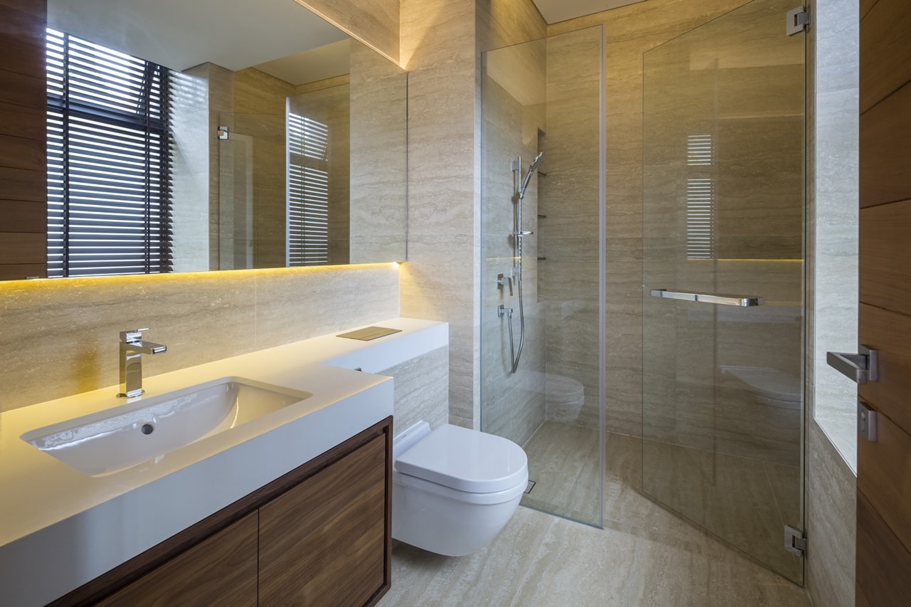 Small modern bathroom in modern mansion designed by Wallflower Architecture and Design