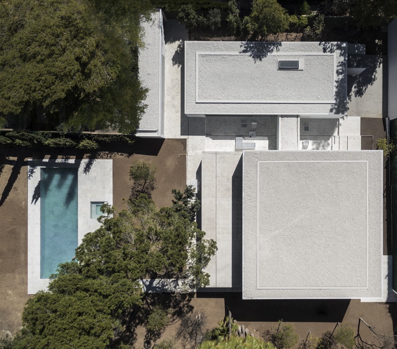 Aerial view of swimming pool in minimalist house designed by Fran Silvestre Architects