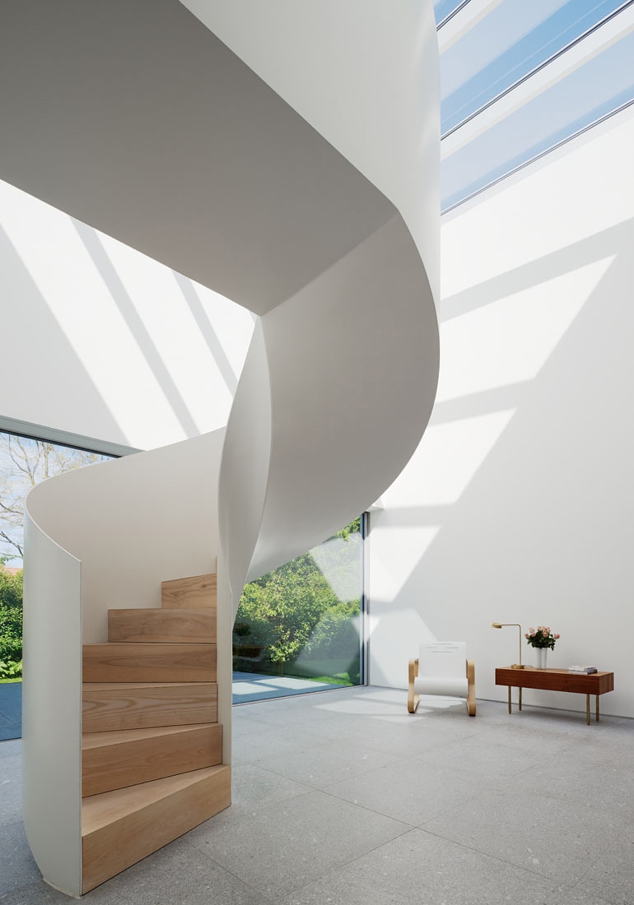 White steel spiral staircase designed by Lindvall A & D
