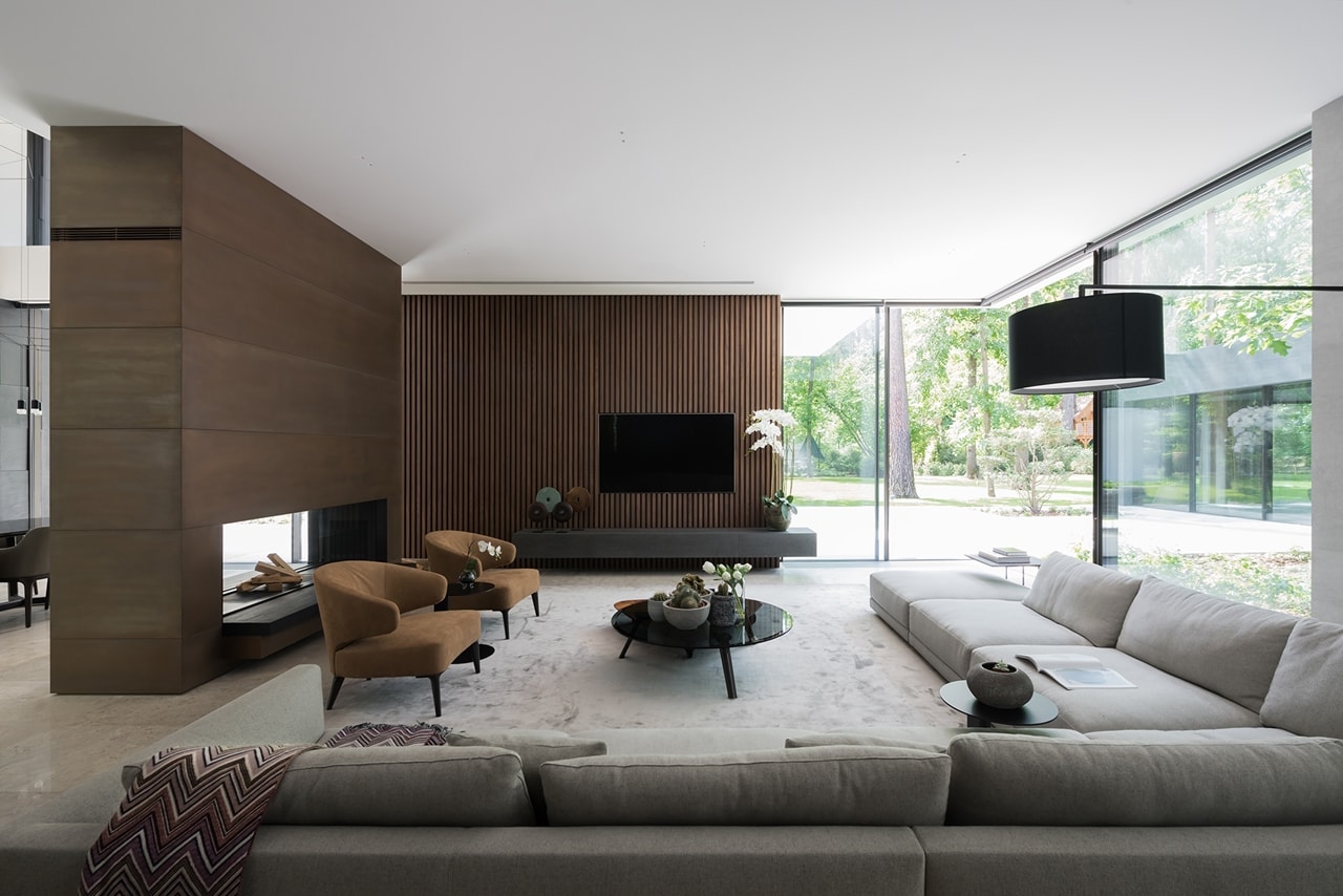 Bright living room design in modern forest house designed by Alexandra Fedorova